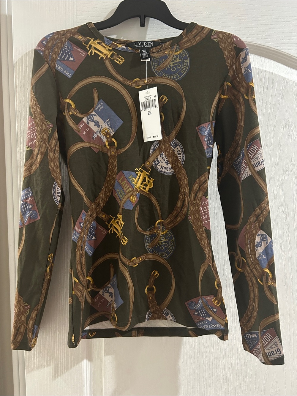 Lauren Ralph Lauren Olive & Brown Chain-Print Long Sleeve Top